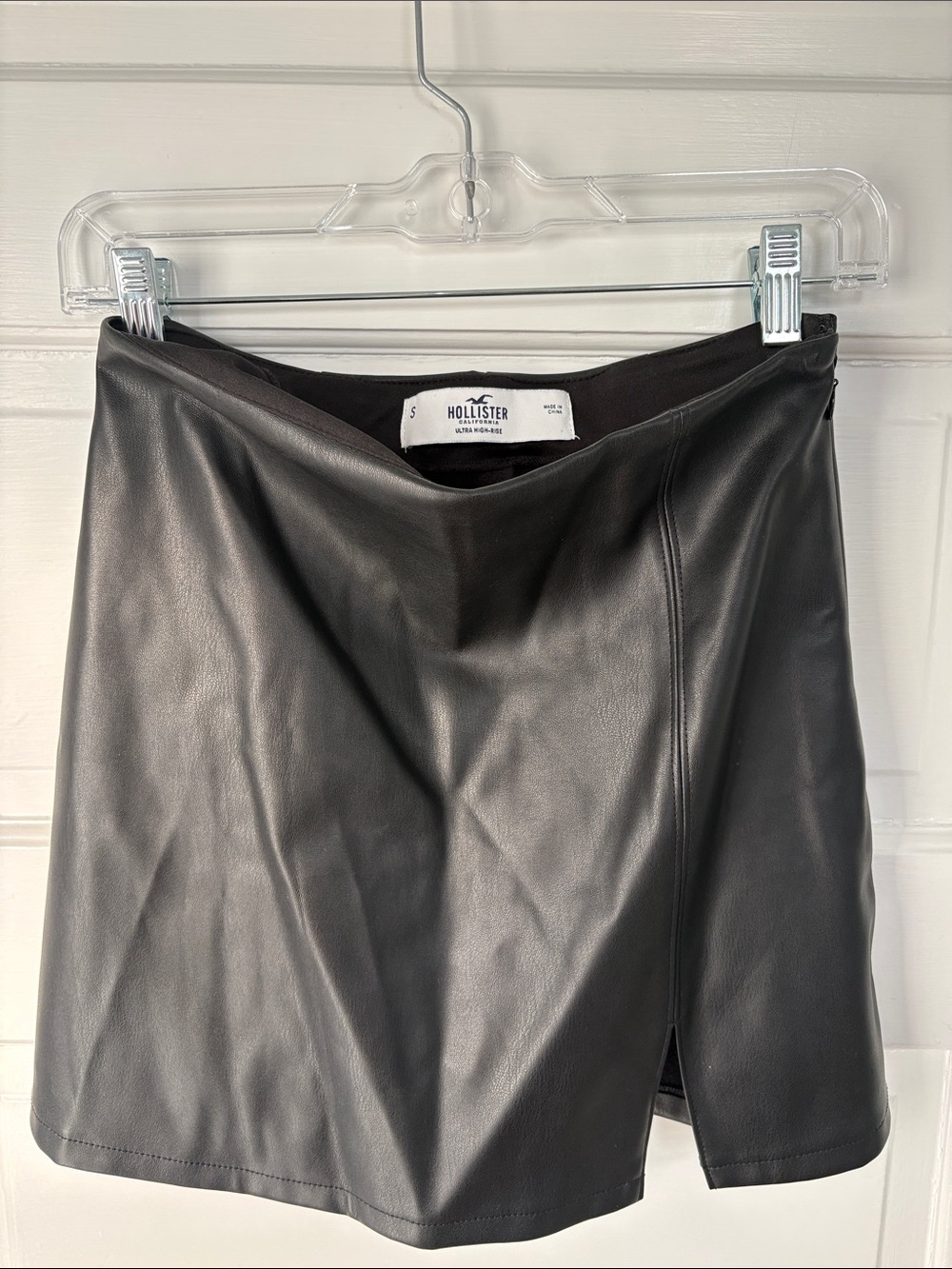 Hollister Black Faux Leather Mini Skirt with Front Slit